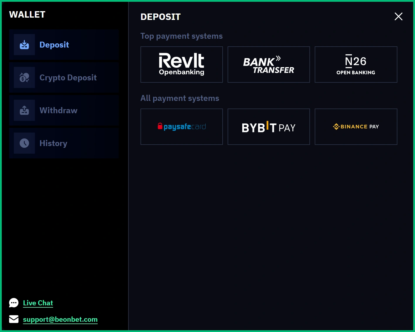BeonBet Payment Methods